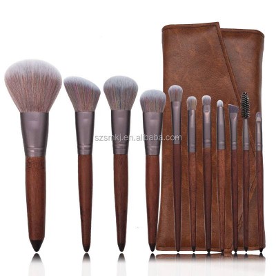 Brown 11pcs Make Up Brushes Private Label Makeup Brush Set With Pu Leather Bag