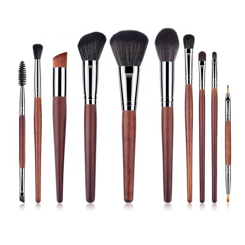 High End Red Wood Handle 10 Pieces Set Big Loose Powder Beauty Makeup Vegan Brushes